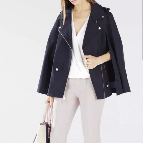 NWT BCBGMAXAZRIA Dominique Utility Moto Trendy Cape Poncho Jacket Dark Navy Sm - Picture 2 of 8